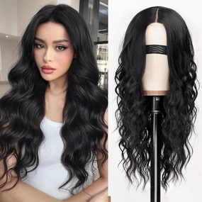 Nnzes Long Black Wavy Wig 4x1 Lace Natural Hairline Middle Part Curly Heat-Resistant Synthetic Fiber for Women & Beginners Daily Party Use 26In