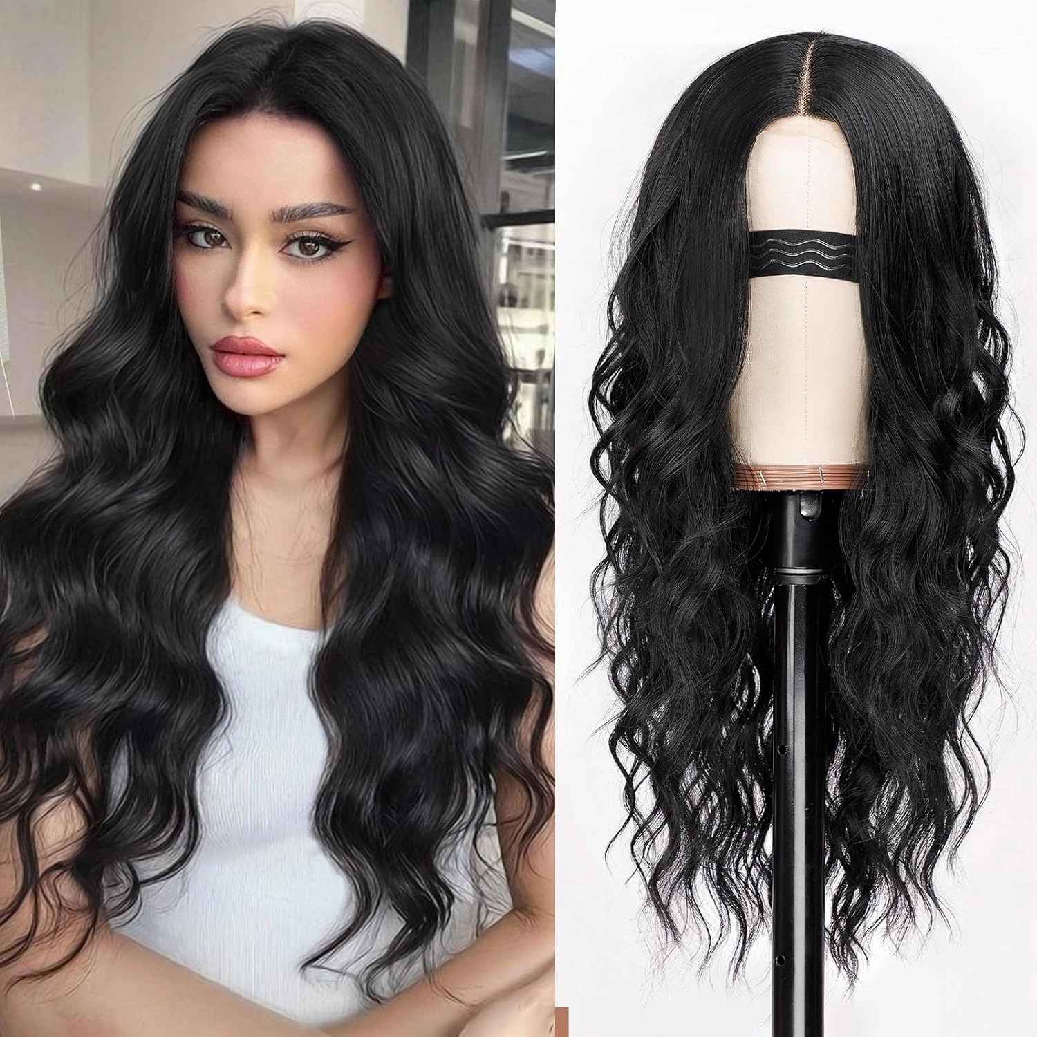 Nnzes Long Black Wavy Wig 4x1 Lace Natural Hairline Middle Part Curly Heat-Resistant Synthetic Fiber for Women & Beginners Daily Party Use 26In