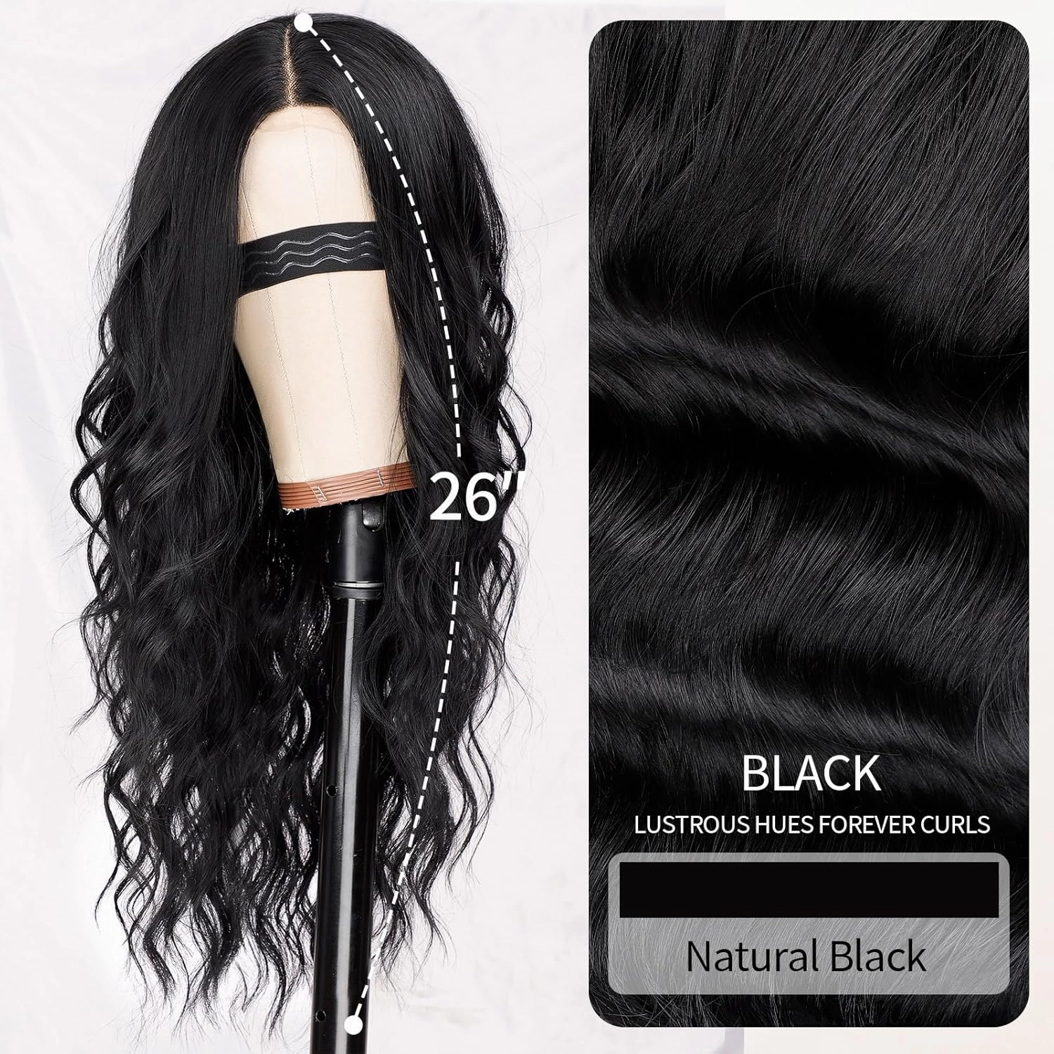 Nnzes Long Black Wavy Wig 4x1 Lace Natural Hairline Middle Part Curly Heat-Resistant Synthetic Fiber for Women & Beginners Daily Party Use 26In