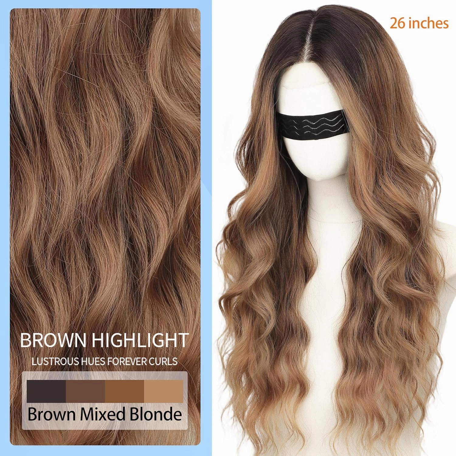 Nnzes Long Brown Mixed Blonde Wavy Wig 4x1 Lace Natural Hairline Middle Part Curly Heat-Resistant Synthetic Fiber for Women & Beginners Daily Party Use 26In