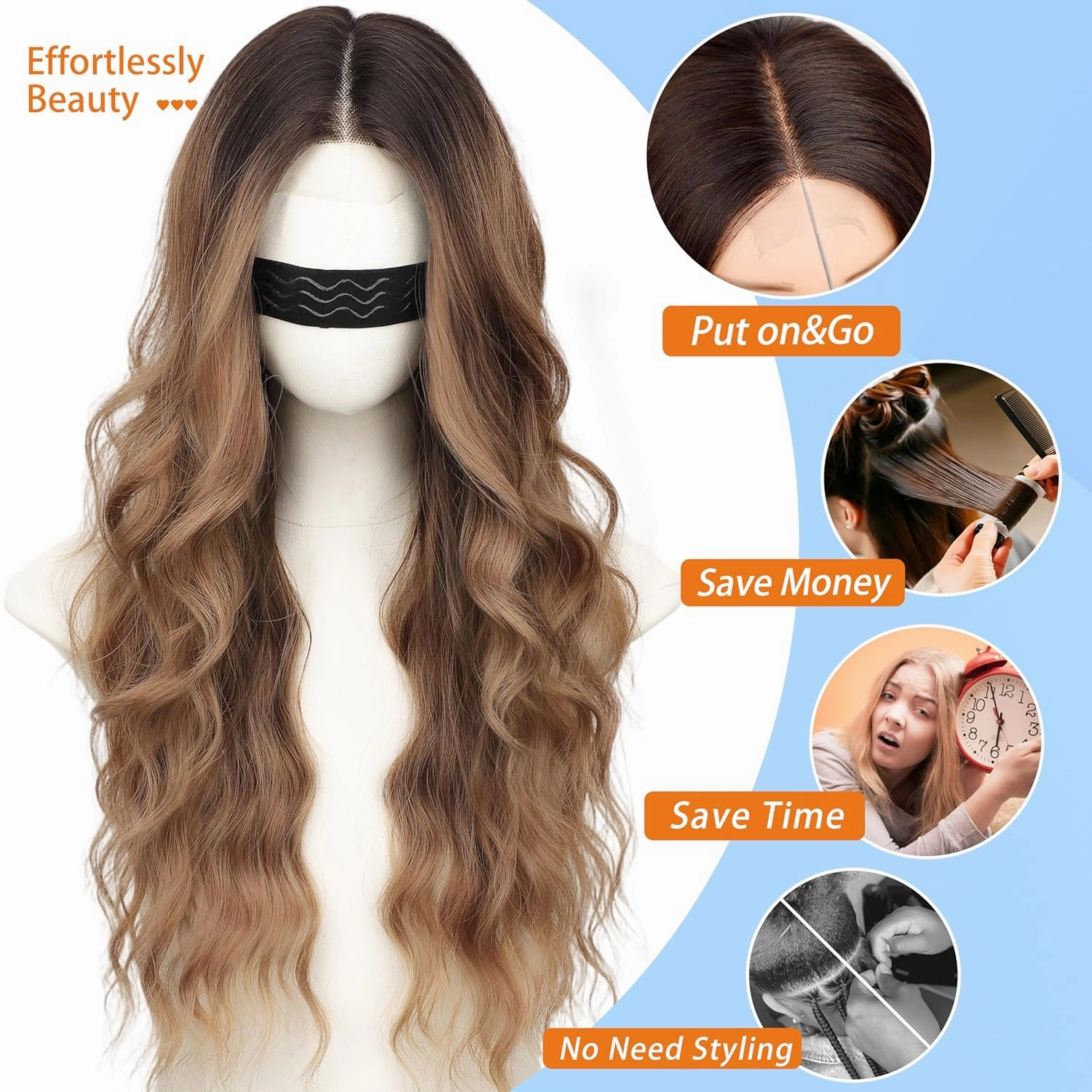 Nnzes Long Brown Mixed Blonde Wavy Wig 4x1 Lace Natural Hairline Middle Part Curly Heat-Resistant Synthetic Fiber for Women & Beginners Daily Party Use 26In