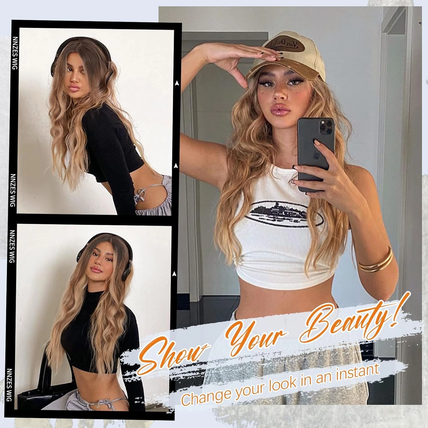 Nnzes Long Brown Mixed Blonde Wavy Wig 4x1 Lace Natural Hairline Middle Part Curly Heat-Resistant Synthetic Fiber for Women & Beginners Daily Party Use 26In