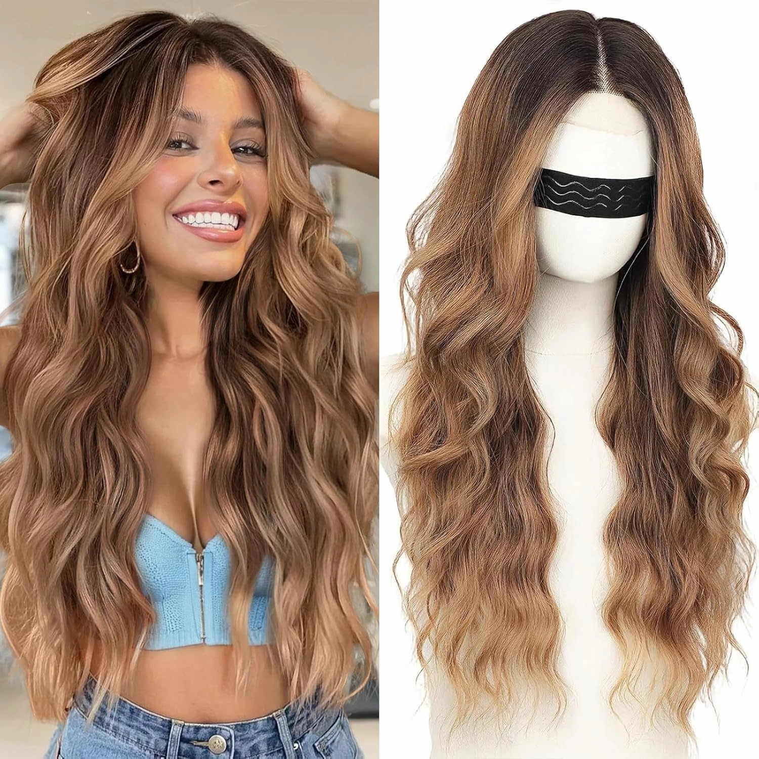 Nnzes Long Brown Mixed Blonde Wavy Wig 4x1 Lace Natural Hairline Middle Part Curly Heat-Resistant Synthetic Fiber for Women & Beginners Daily Party Use 26In