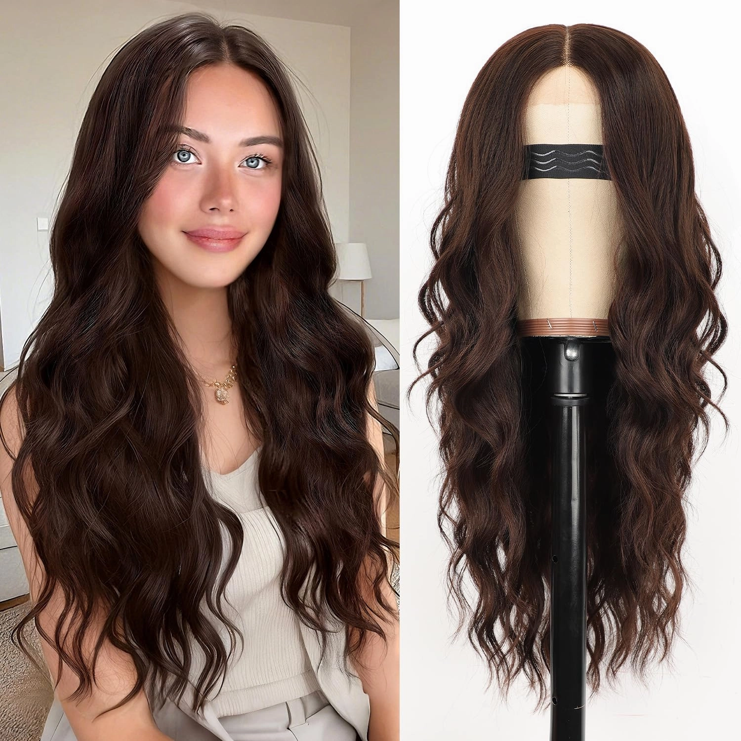 Nnzes Long Chocolate Brown Wavy Wig 4x1 Lace Natural Hairline Middle Part Curly Heat-Resistant Synthetic Fiber for Women & Beginners Daily Party Use 26In