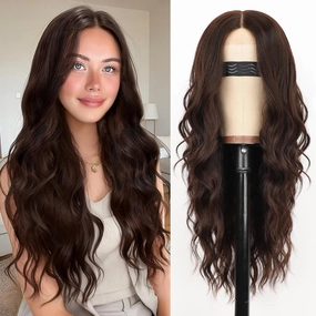 Nnzes Long Chocolate Brown Wavy Wig 4x1 Lace Natural Hairline Middle Part Curly Heat-Resistant Synthetic Fiber for Women & Beginners Daily Party Use 26In