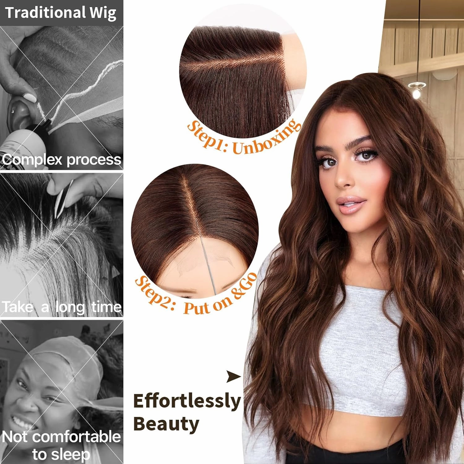 Nnzes Long Chocolate Copper Brown mixed Light Brown Wavy Wig 4x1 Lace Natural Hairline Middle Part Curly Heat-Resistant Synthetic Fiber for Women & Beginners Daily Party Use 26In