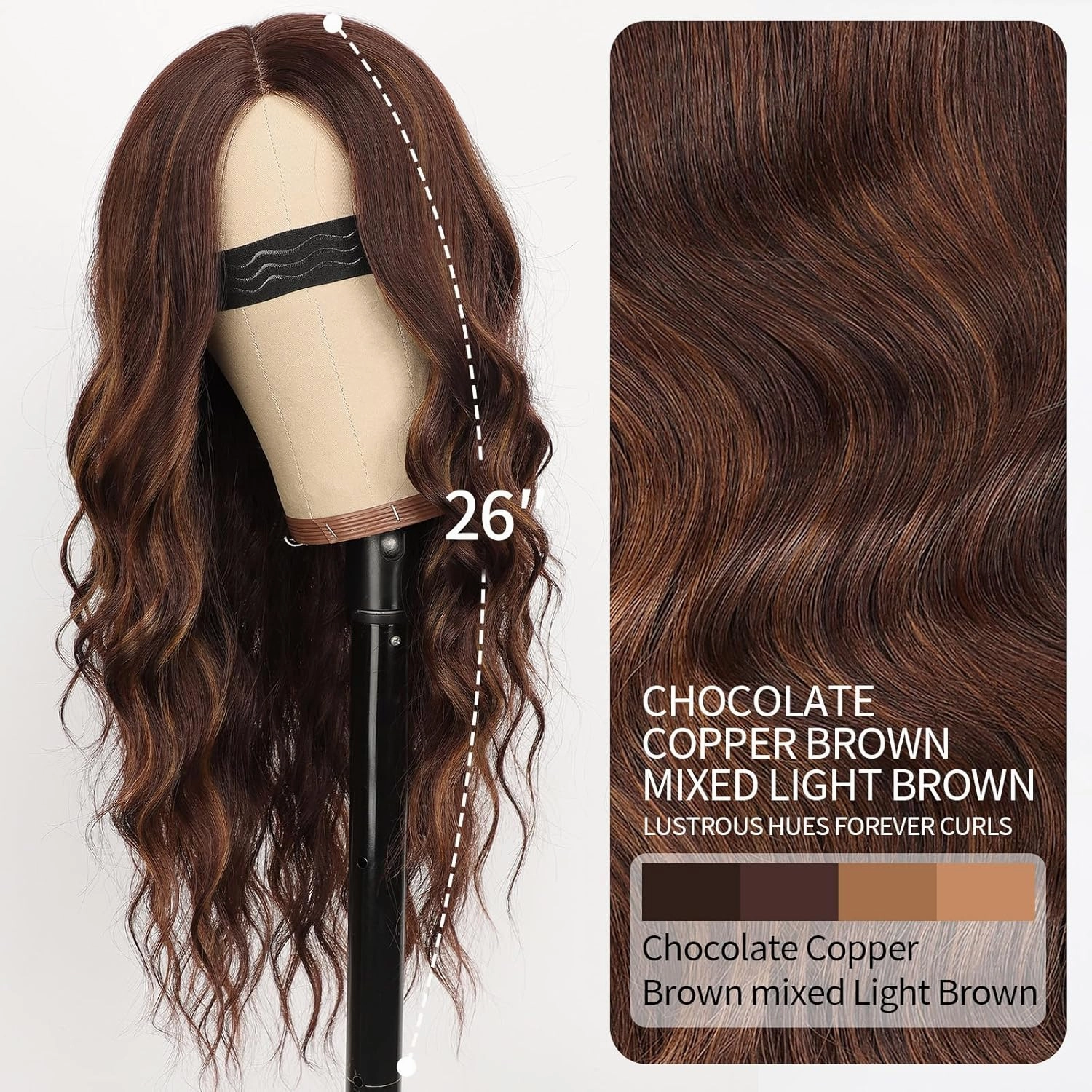 Nnzes Long Chocolate Copper Brown mixed Light Brown Wavy Wig 4x1 Lace Natural Hairline Middle Part Curly Heat-Resistant Synthetic Fiber for Women & Beginners Daily Party Use 26In