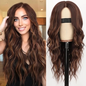 Nnzes Long Chocolate Copper Brown mixed Light Brown Wavy Wig 4x1 Lace Natural Hairline Middle Part Curly Heat-Resistant Synthetic Fiber for Women & Beginners Daily Party Use 26In