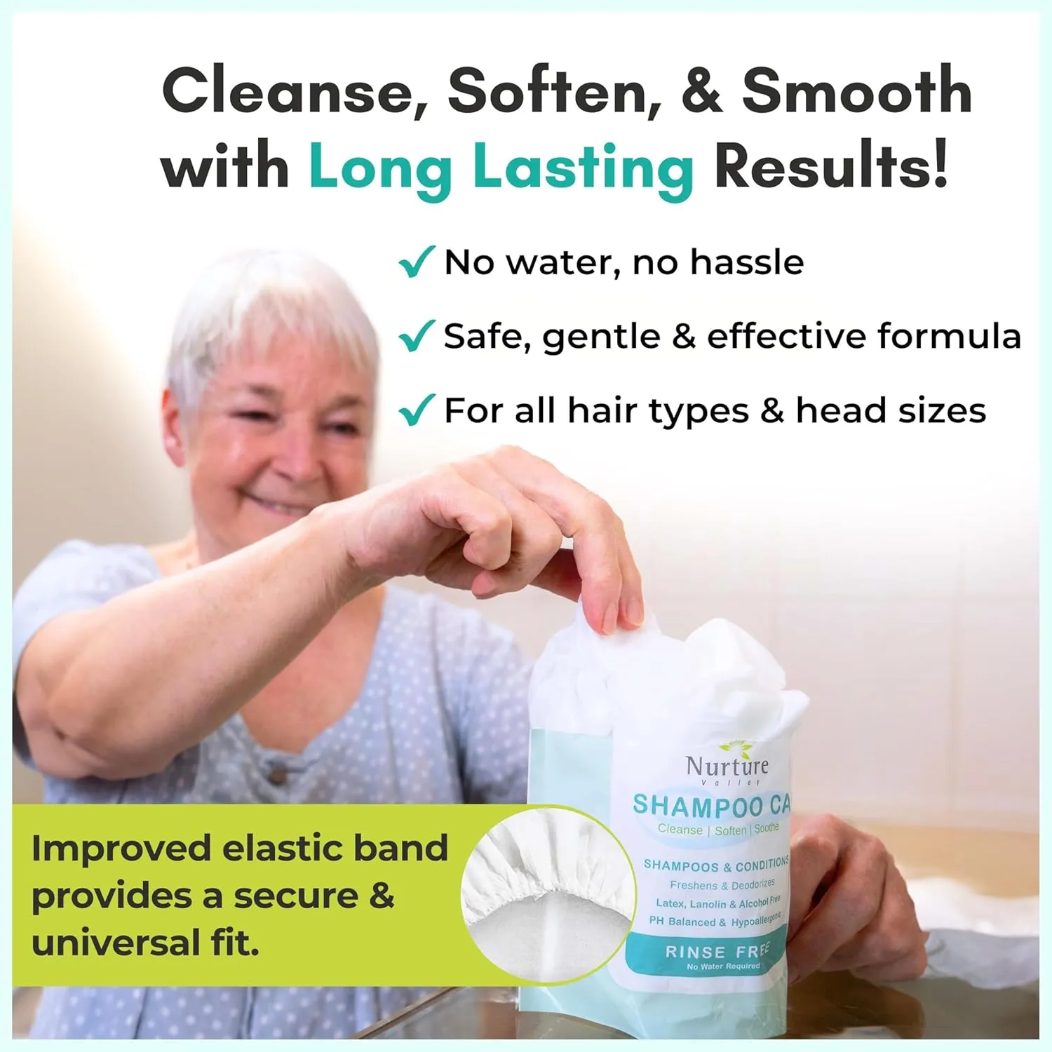 No Water Rinse Free Shampoo Cap by Nurture | Microwavable Hair Washing & Conditioning Shower Caps | Waterless Bathing | Disposable & Hypoallergenic for Adults, Bedridden & Elderly