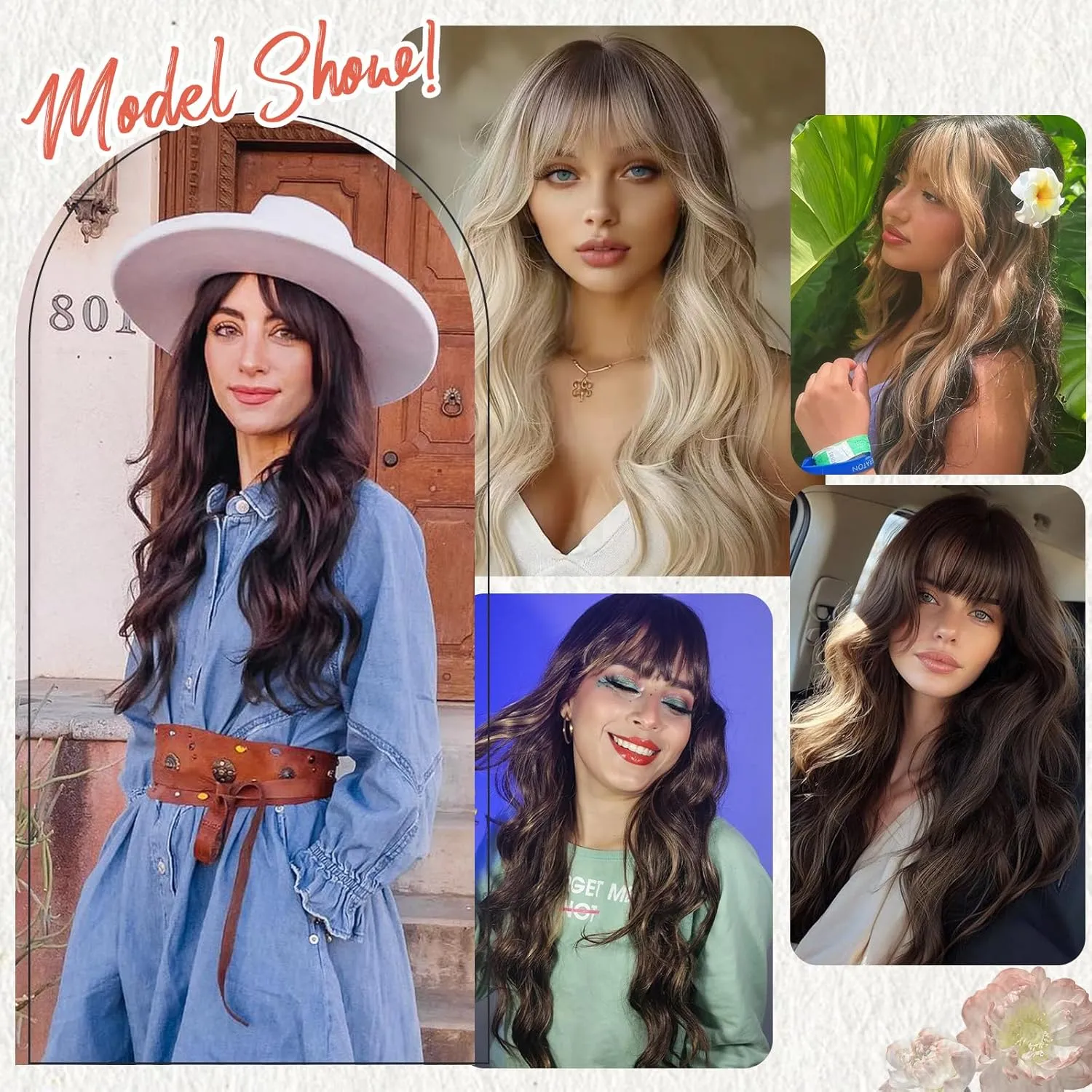 NOSTALGIA Wigs with Bangs 26 Inches Curly Wavy Wig for Women Brown Mixed Blonde Highlight Wig Synthetic Wigs for Girls Daily Party Use