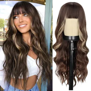 NOSTALGIA Wigs with Bangs 26 Inches Curly Wavy Wig for Women Brown Mixed Blonde Highlight Wig Synthetic Wigs for Girls Daily Party Use