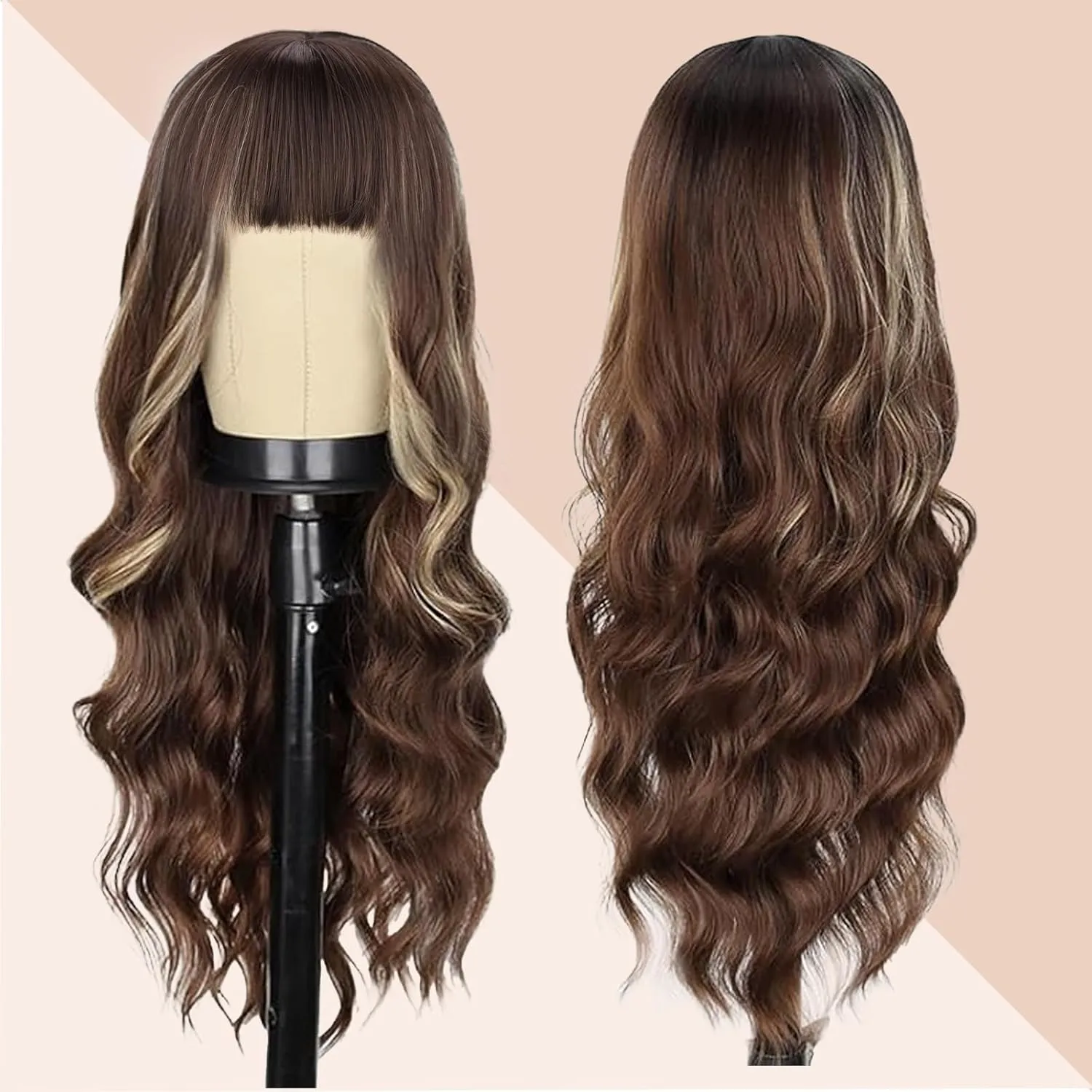 NOSTALGIA Wigs with Bangs 26 Inches Curly Wavy Wig for Women Brown Mixed Blonde Highlight Wig Synthetic Wigs for Girls Daily Party Use