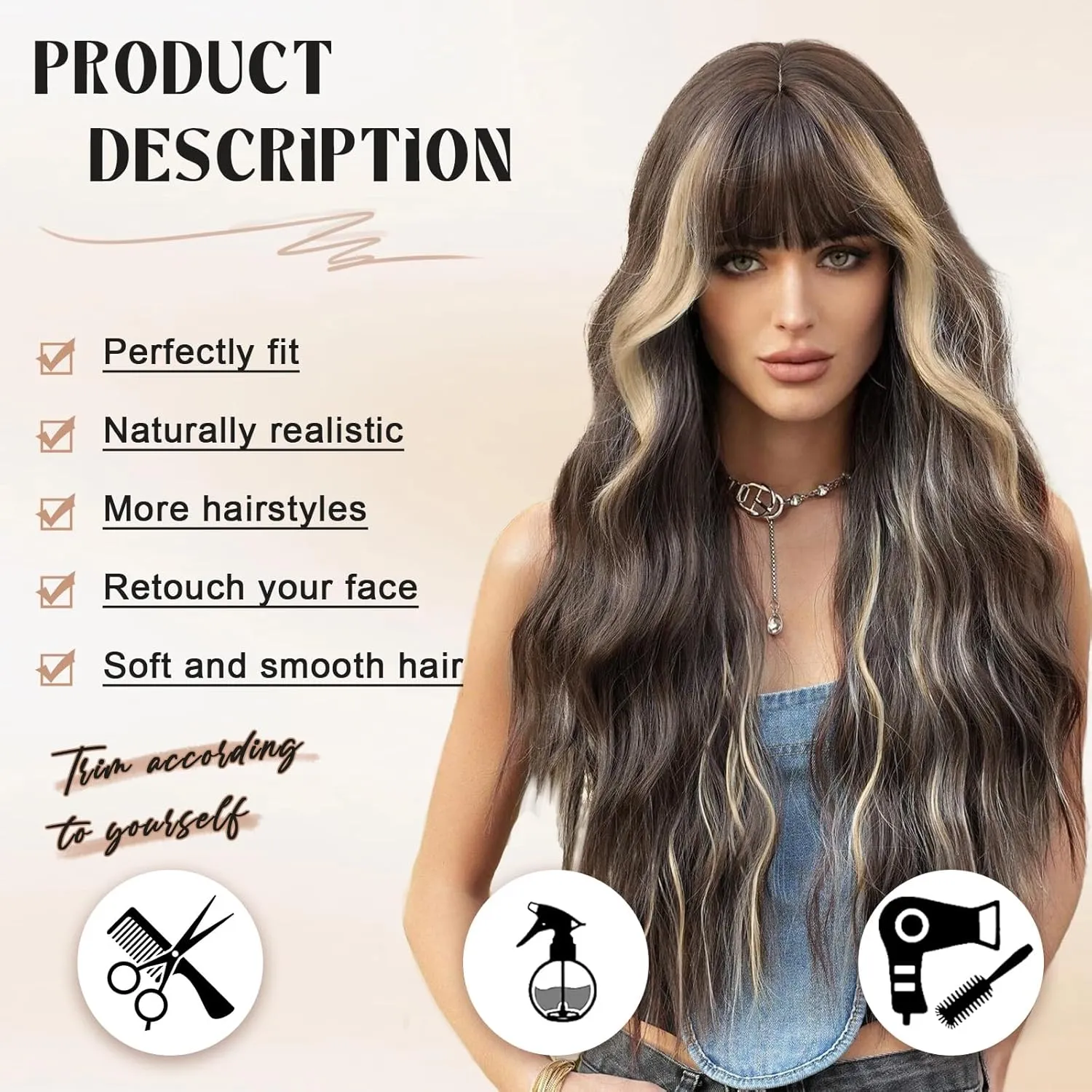 NOSTALGIA Wigs with Bangs 26 Inches Curly Wavy Wig for Women Brown Mixed Blonde Highlight Wig Synthetic Wigs for Girls Daily Party Use