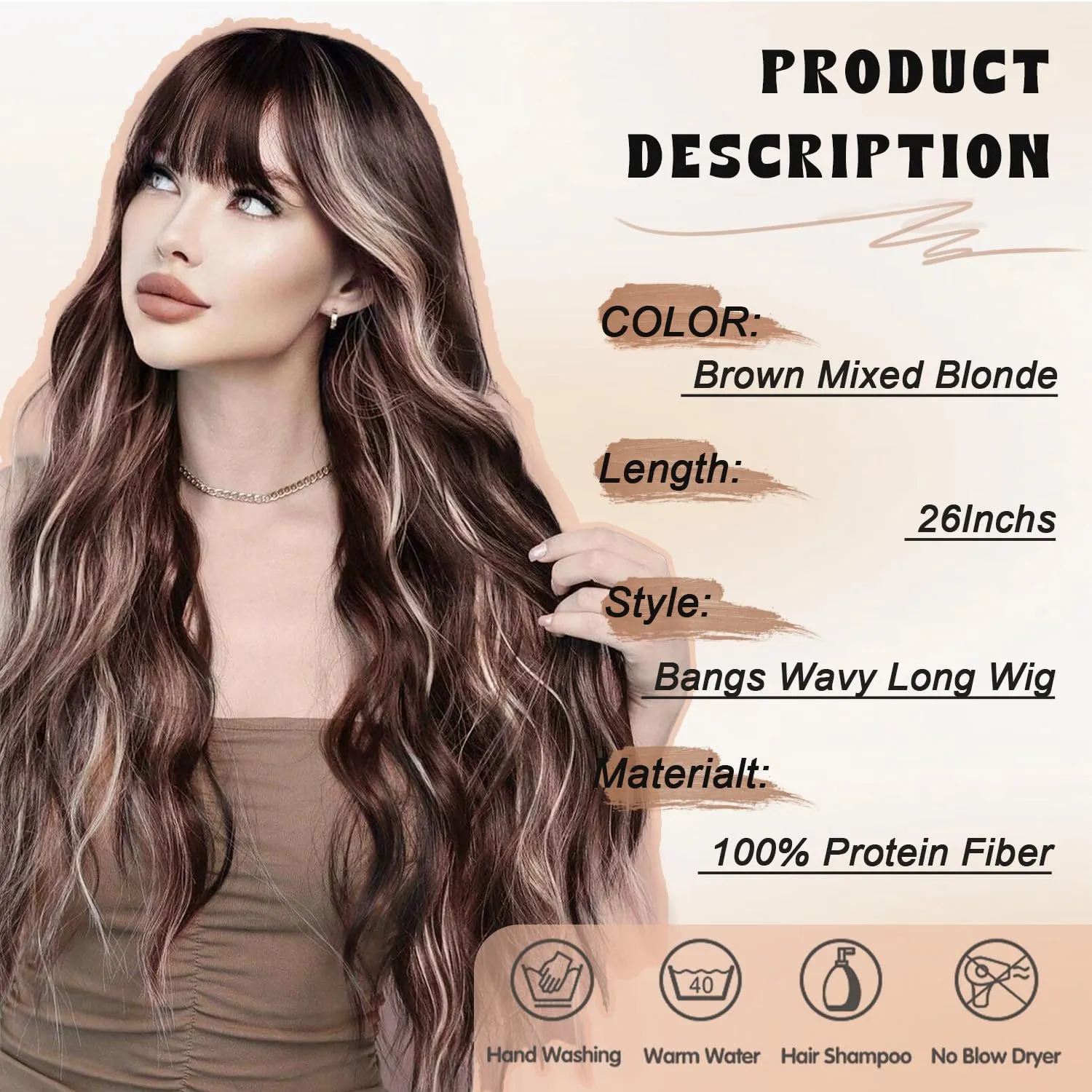 NOSTALGIA Wigs with Bangs 26 Inches Curly Wavy Wig for Women Brown Mixed Blonde Highlight Wig Synthetic Wigs for Girls Daily Party Use