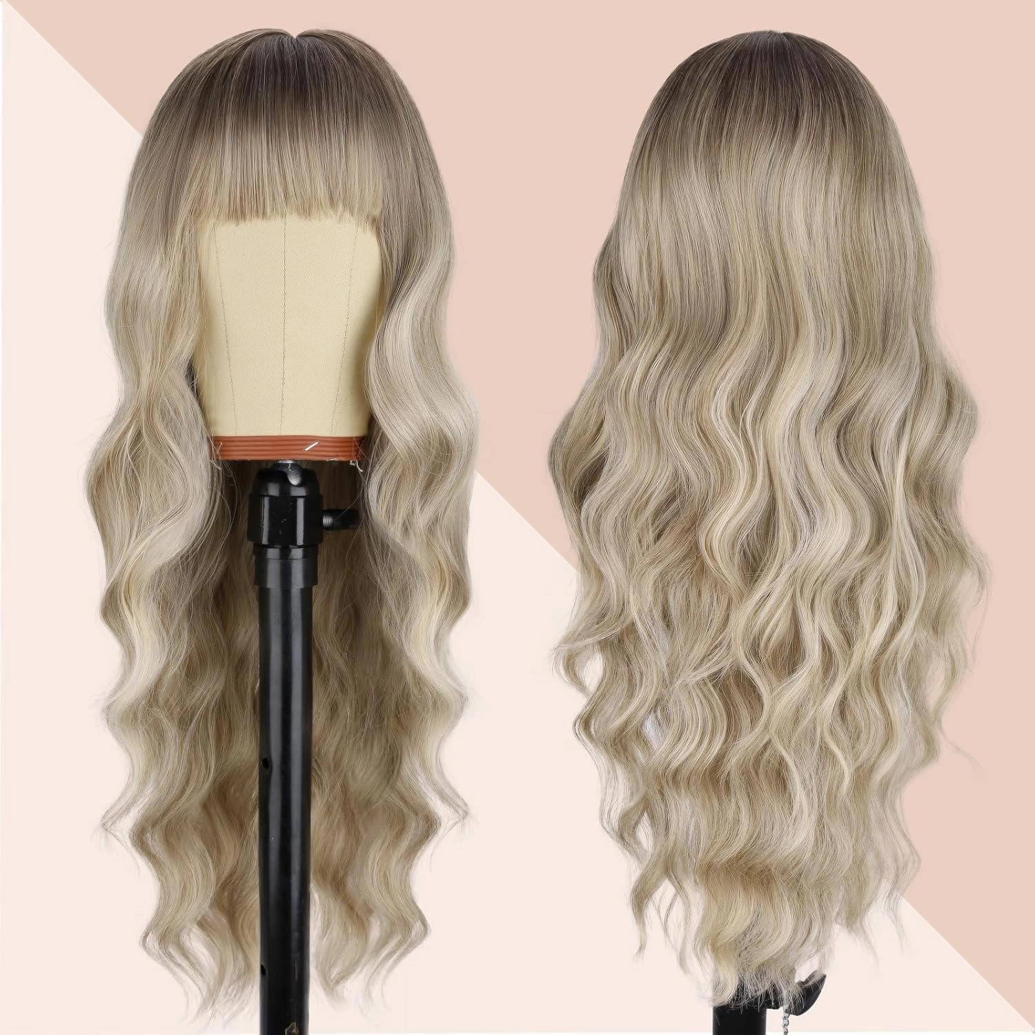 NOSTALGIA Blonde Wig with Bangs 26 Inches Long Wavy Ombre Blonde Wig with Dark Roots Synthetic Heat Resistant Wigs for Women Daily Party Use