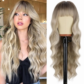 NOSTALGIA Blonde Wig with Bangs 26 Inches Long Wavy Ombre Blonde Wig with Dark Roots Synthetic Heat Resistant Wigs for Women Daily Party Use