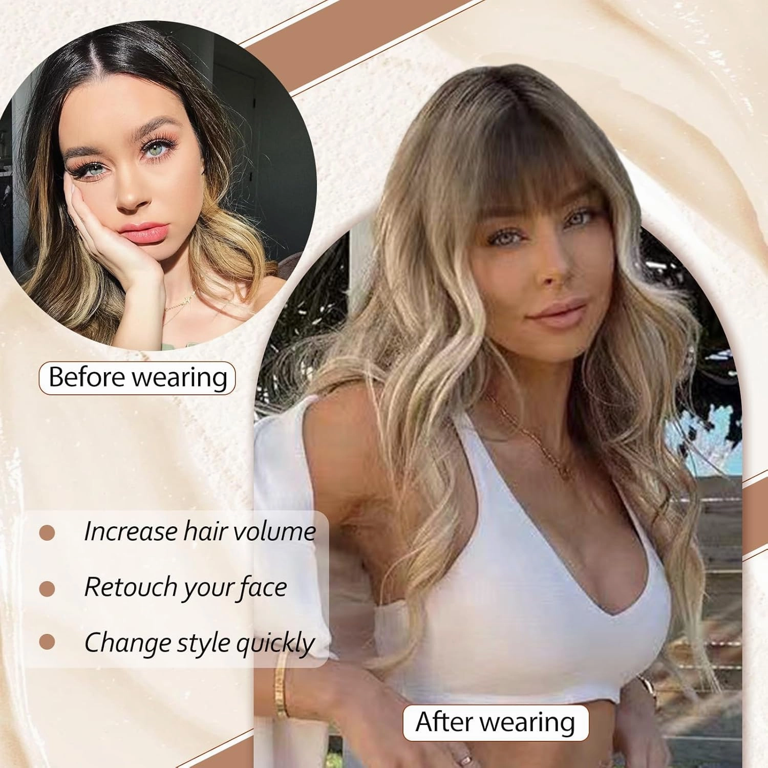 NOSTALGIA Blonde Wig with Bangs 26 Inches Long Wavy Ombre Blonde Wig with Dark Roots Synthetic Heat Resistant Wigs for Women Daily Party Use