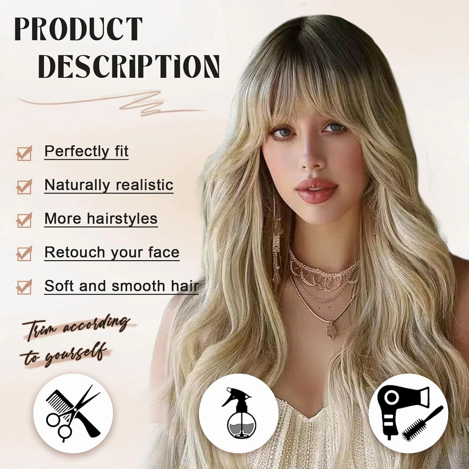 NOSTALGIA Blonde Wig with Bangs 26 Inches Long Wavy Ombre Blonde Wig with Dark Roots Synthetic Heat Resistant Wigs for Women Daily Party Use