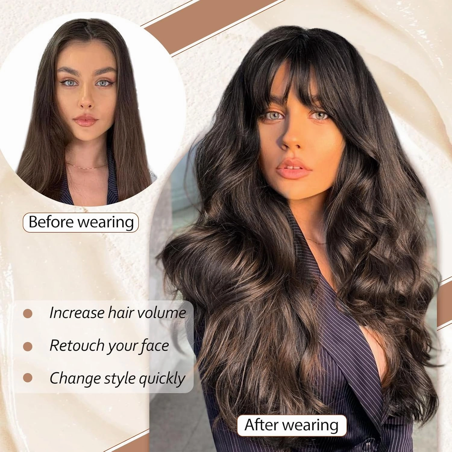 NOSTALGIA Brown Wig With Bangs Long Wavy Wig for Women Synthetic Curly Wavy Wig Natural Looking Hair Replacement wigs for Daily Party Use