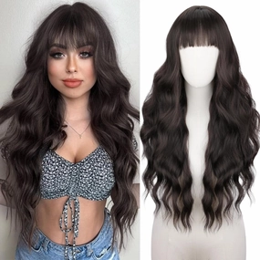 NOSTALGIA Brown Wig With Bangs Long Wavy Wig for Women Synthetic Curly Wavy Wig Natural Looking Hair Replacement wigs for Daily Party Use