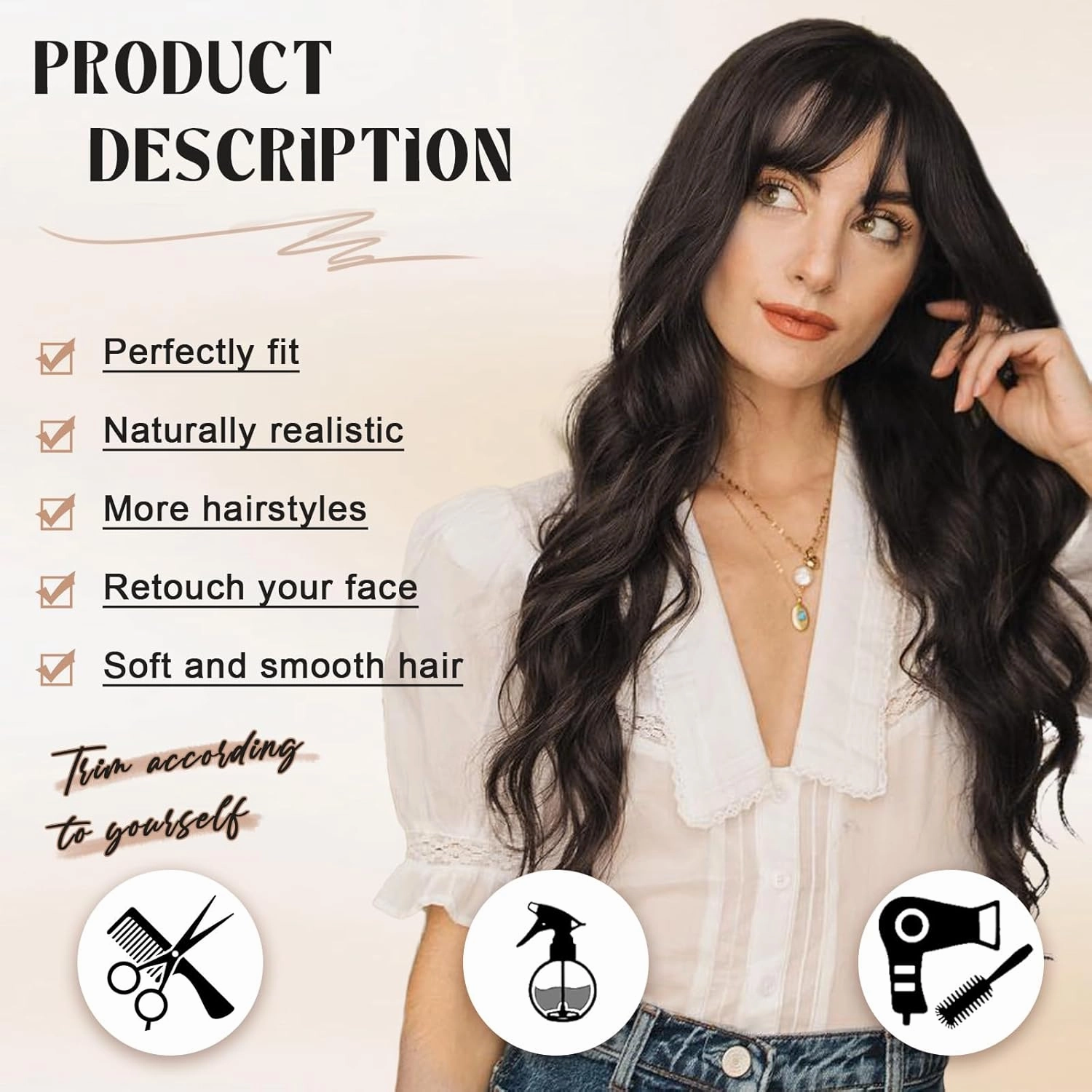 NOSTALGIA Brown Wig With Bangs Long Wavy Wig for Women Synthetic Curly Wavy Wig Natural Looking Hair Replacement wigs for Daily Party Use