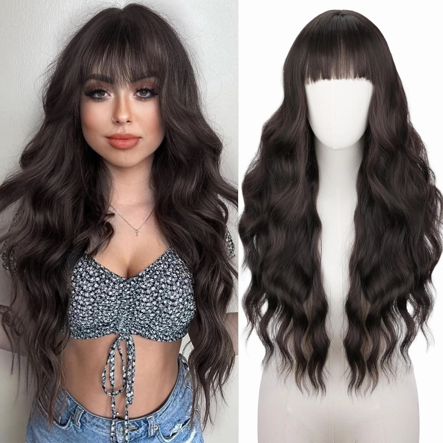 NOSTALGIA Brown Wig With Bangs Long Wavy Wig for Women Synthetic Curly Wavy Wig Natural Looking Hair Replacement wigs for Daily Party Use