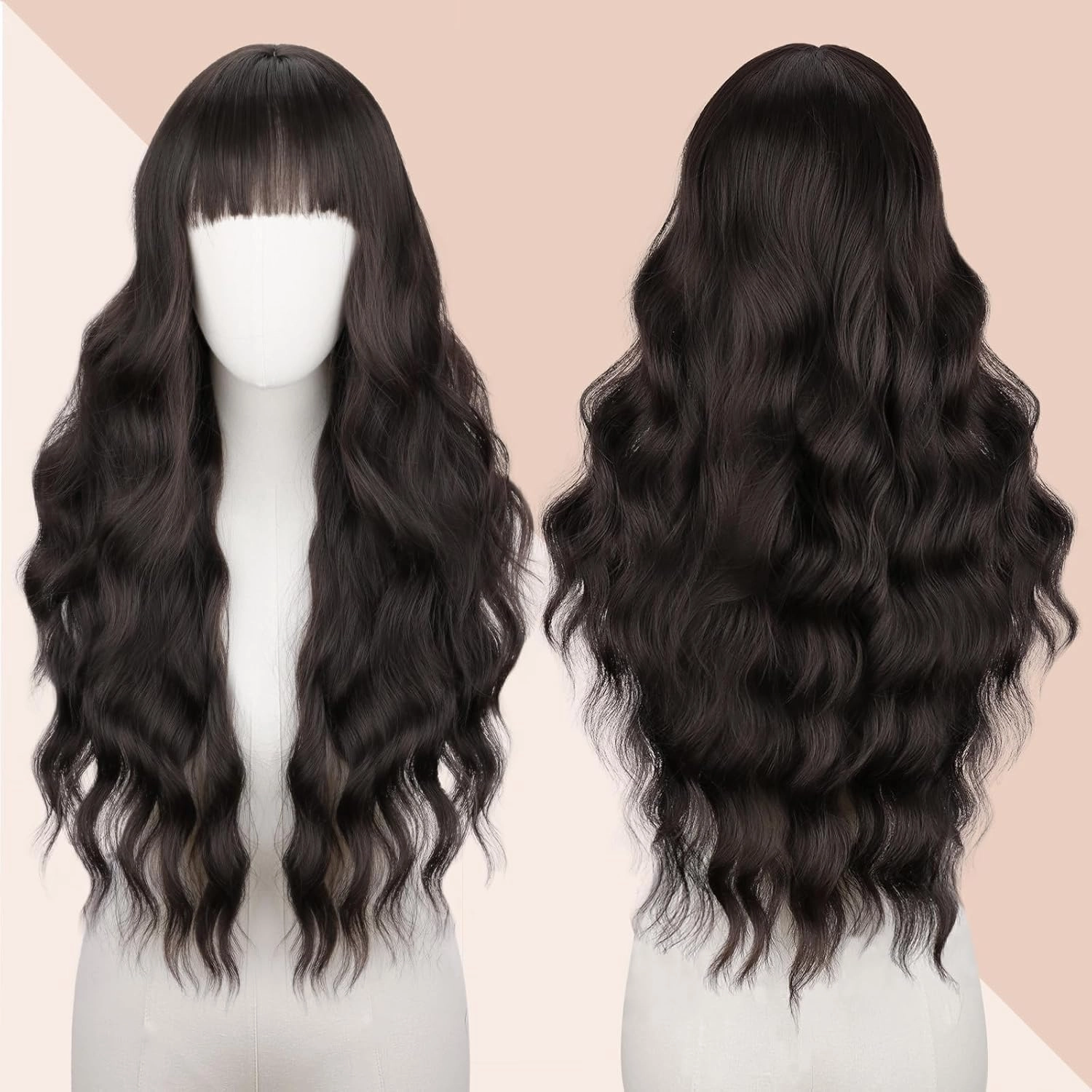 NOSTALGIA Brown Wig With Bangs Long Wavy Wig for Women Synthetic Curly Wavy Wig Natural Looking Hair Replacement wigs for Daily Party Use