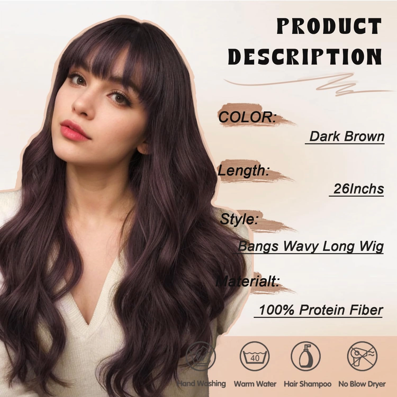 NOSTALGIA Brown Wig With Bangs Long Wavy Wig for Women Synthetic Curly Wavy Wig Natural Looking Hair Replacement wigs for Daily Party Use