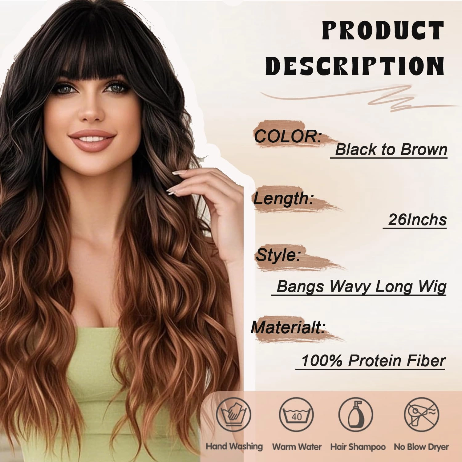 NOSTALGIA Long Black To Brown Wig with Bangs 26 Inch Long Wavy Wig for Women Natural Looking Synthetic Heat Resistant Wig for Daily Party Use