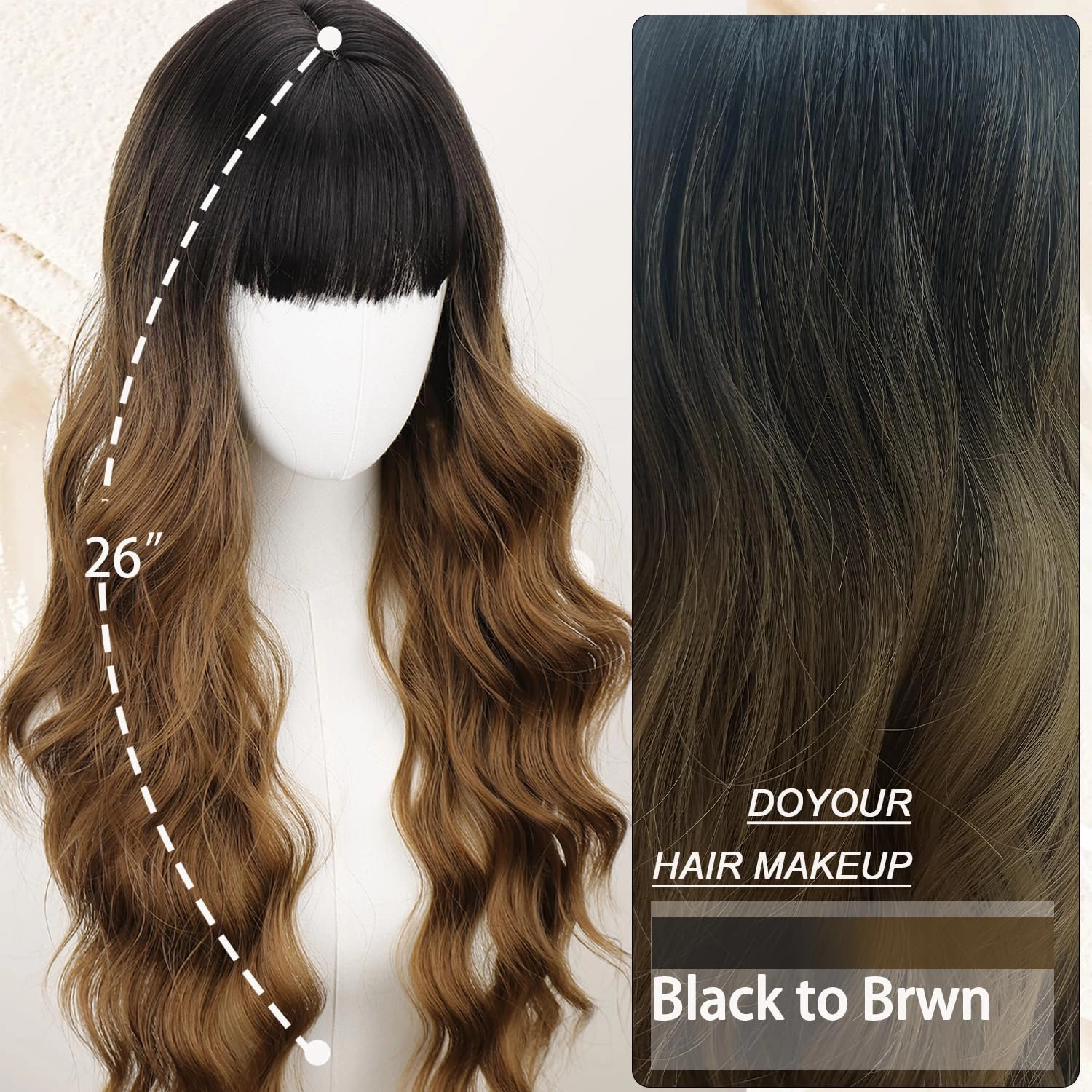 NOSTALGIA Long Black To Brown Wig with Bangs 26 Inch Long Wavy Wig for Women Natural Looking Synthetic Heat Resistant Wig for Daily Party Use