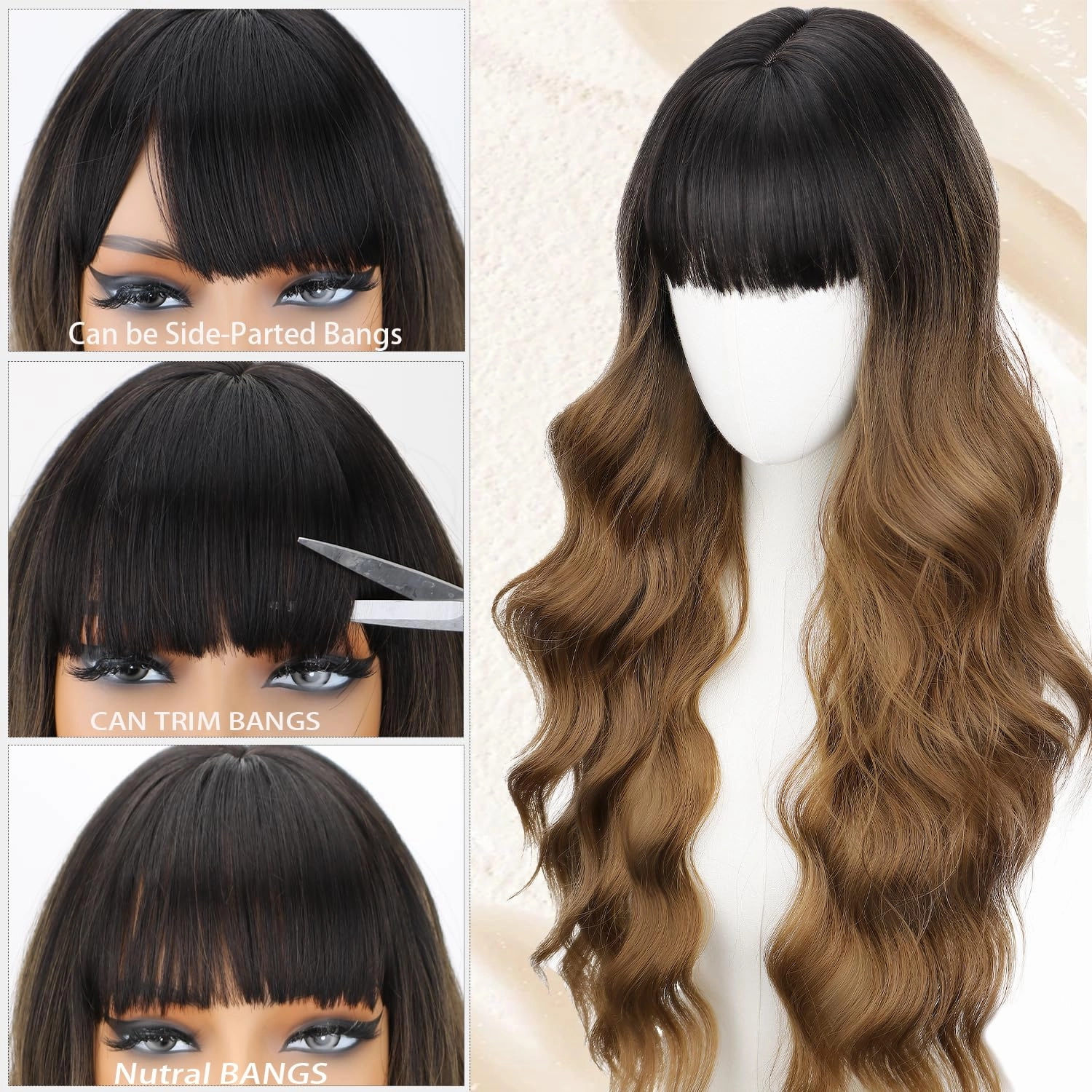 NOSTALGIA Long Black To Brown Wig with Bangs 26 Inch Long Wavy Wig for Women Natural Looking Synthetic Heat Resistant Wig for Daily Party Use