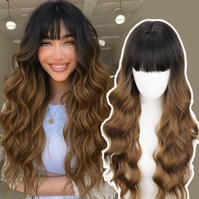 NOSTALGIA Long Black To Brown Wig with Bangs 26 Inch Long Wavy Wig for Women Natural Looking Synthetic Heat Resistant Wig for Daily Party Use