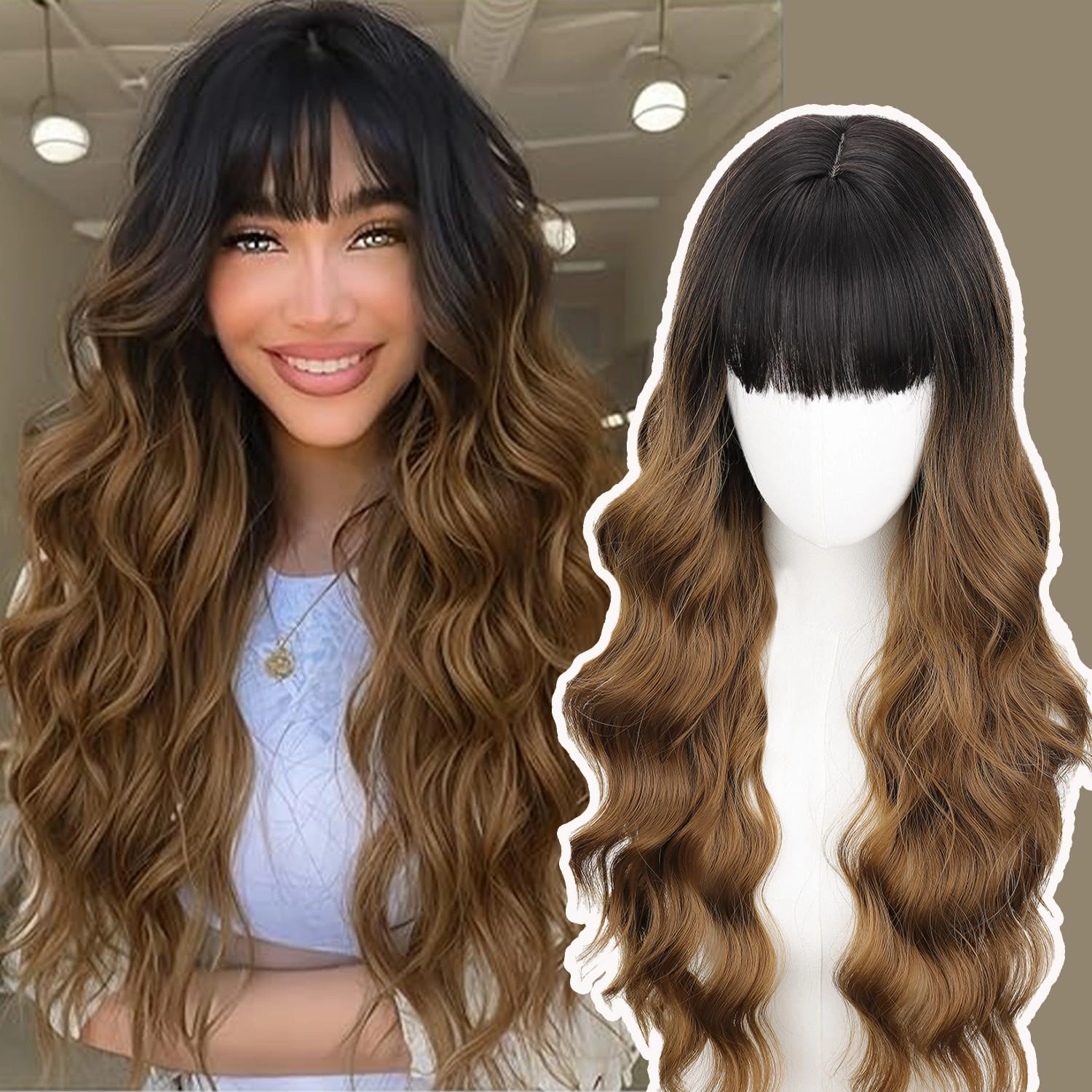 NOSTALGIA Long Black To Brown Wig with Bangs 26 Inch Long Wavy Wig for Women Natural Looking Synthetic Heat Resistant Wig for Daily Party Use