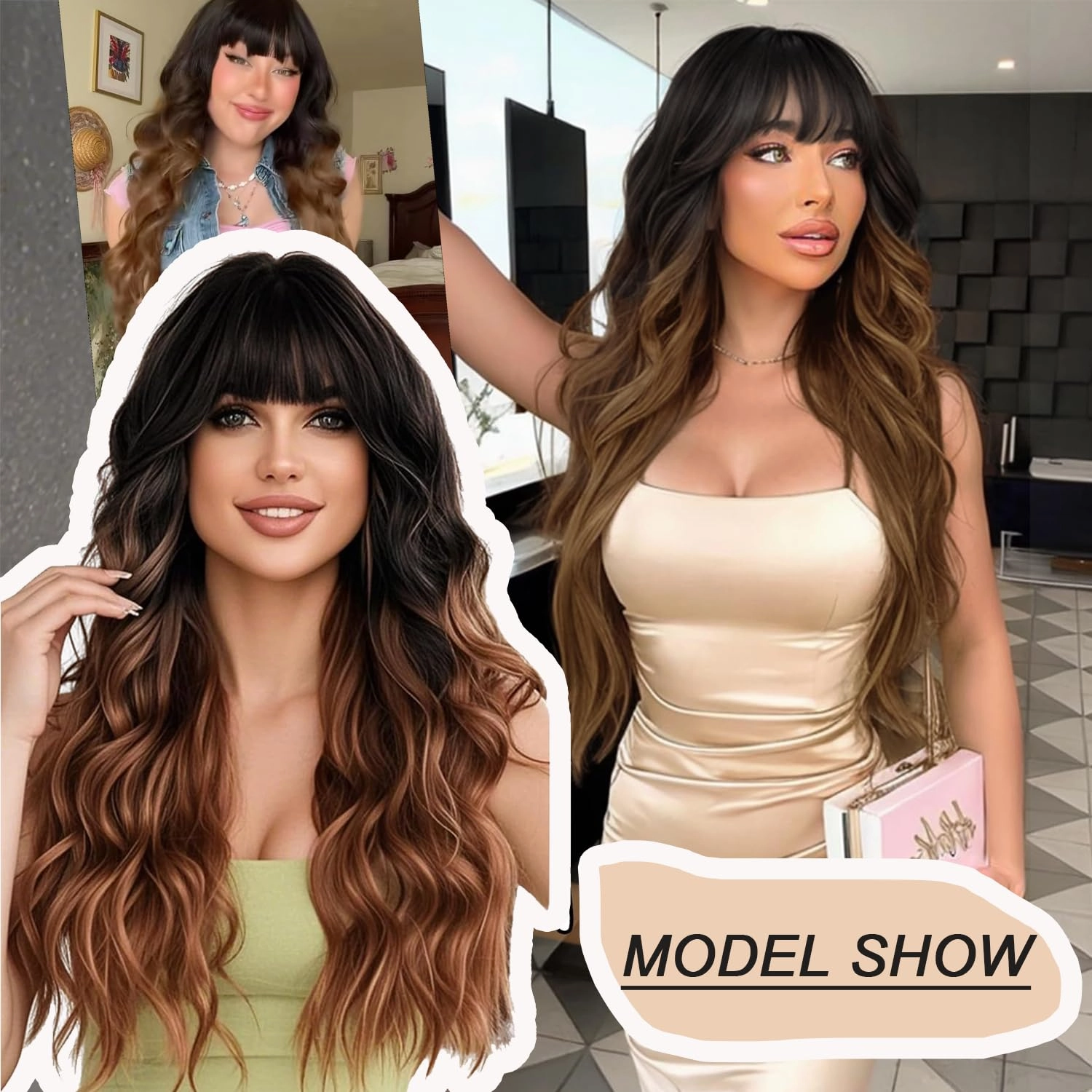NOSTALGIA Long Black To Brown Wig with Bangs 26 Inch Long Wavy Wig for Women Natural Looking Synthetic Heat Resistant Wig for Daily Party Use