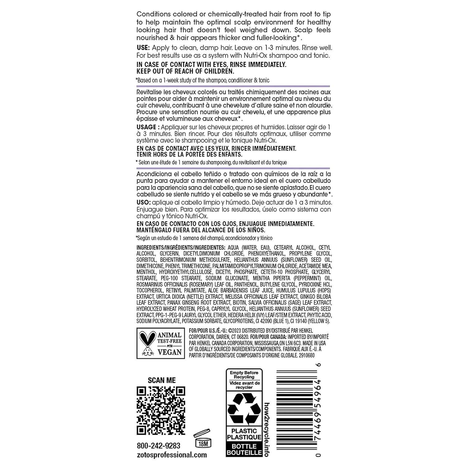 NUTRI-OX Fortifying Conditioner Chemically-Treated for Colored Thinning Hair | Thicker, Fuller-Looking Hair | Clinically & Dermatologically Tested | Peppermint | Color-Safe