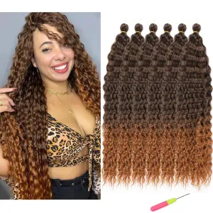 Ocean Wave Braiding Hair Brown 30in Curly Crochet Hair Extensions 6packs Synthetic Ombre Crochet Hair Extensions for Women #1BT30