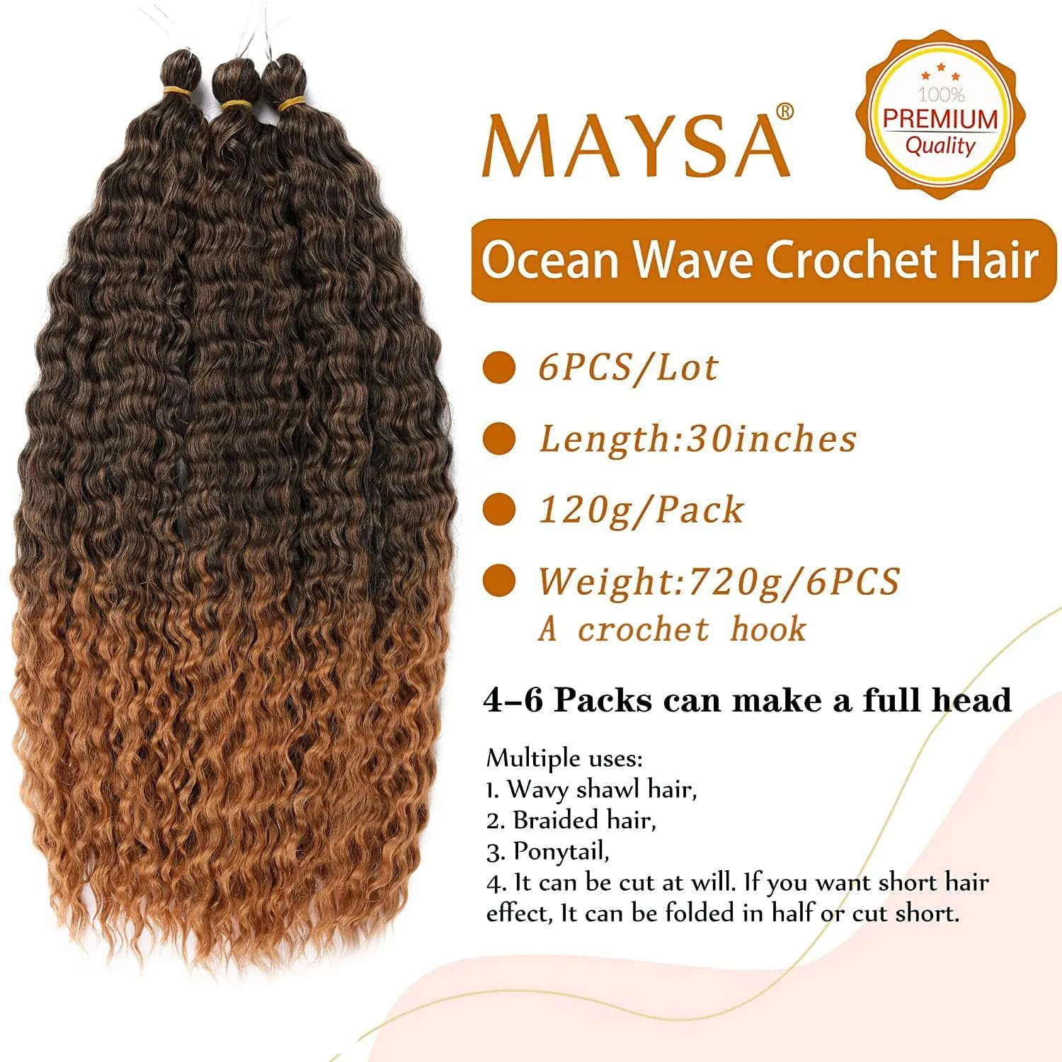 Ocean Wave Braiding Hair Brown 30in Curly Crochet Hair Extensions 6packs Synthetic Ombre Crochet Hair Extensions for Women #1BT30