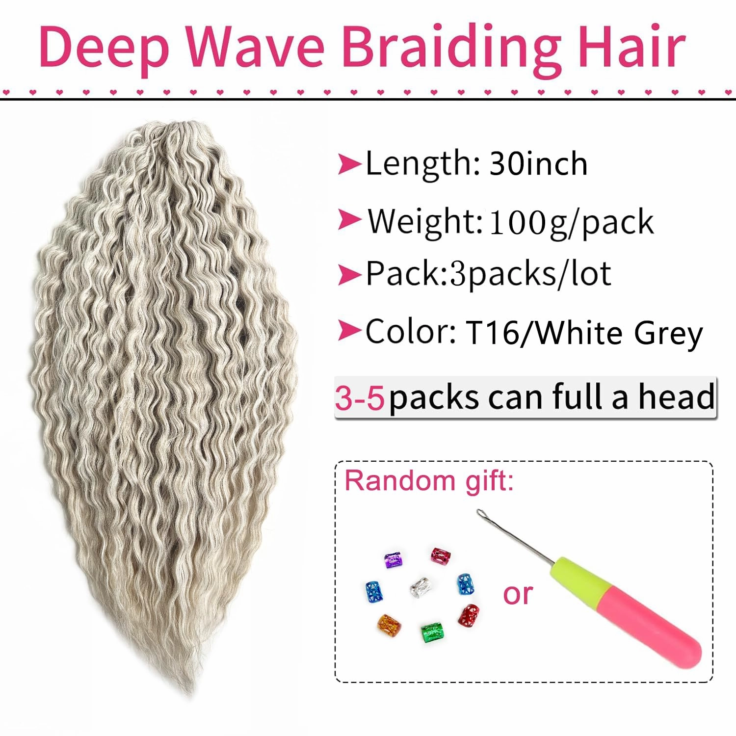 Ocean Wave Crochet Hair 22Inch Water Wave Crochet Hair 3Packs Deep Wave Crochet Hair Twist Crochet Hair For Women Synthetic Wavy Braiding Hair Extensions (T16/White Grey)