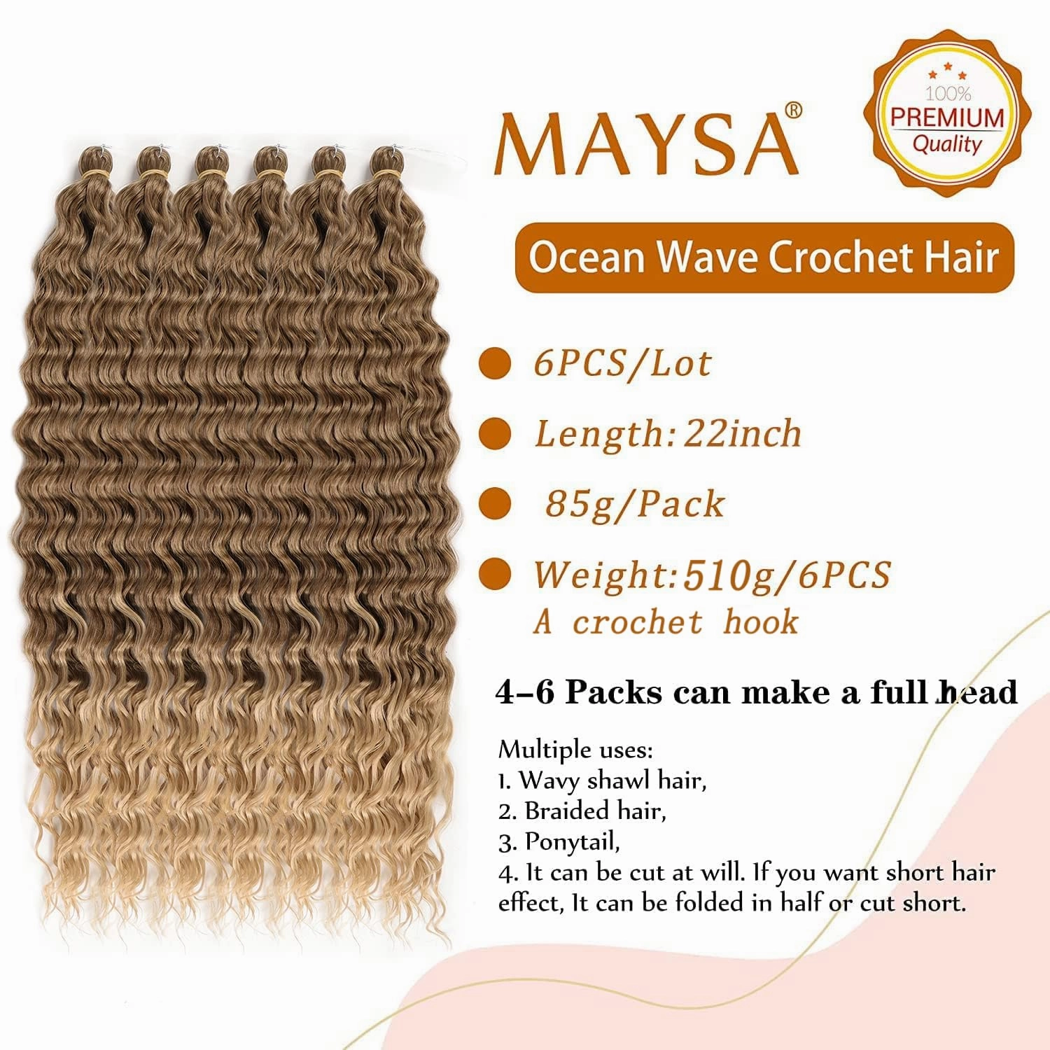 Ocean Wave Crochet Hair Extensions, Curly Braiding Crochet Hair, Soft Synthetic Crochet Hair Extensions 22inch 6Packs #T8/24 Brown mix Blonde