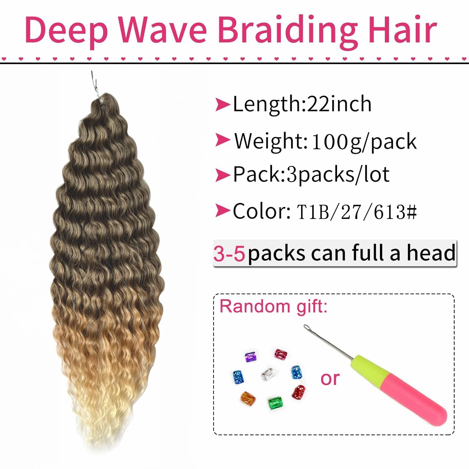 Ocean Wave Water Wave Crochet Hair 22Inch Loose Wave Braiding Hair 3Packs Deep Wave Braiding Hair Deep Curly Twist Crochet Hair For Women Synthetic Wavy Braiding Hair Extensions (T1B/27/613)