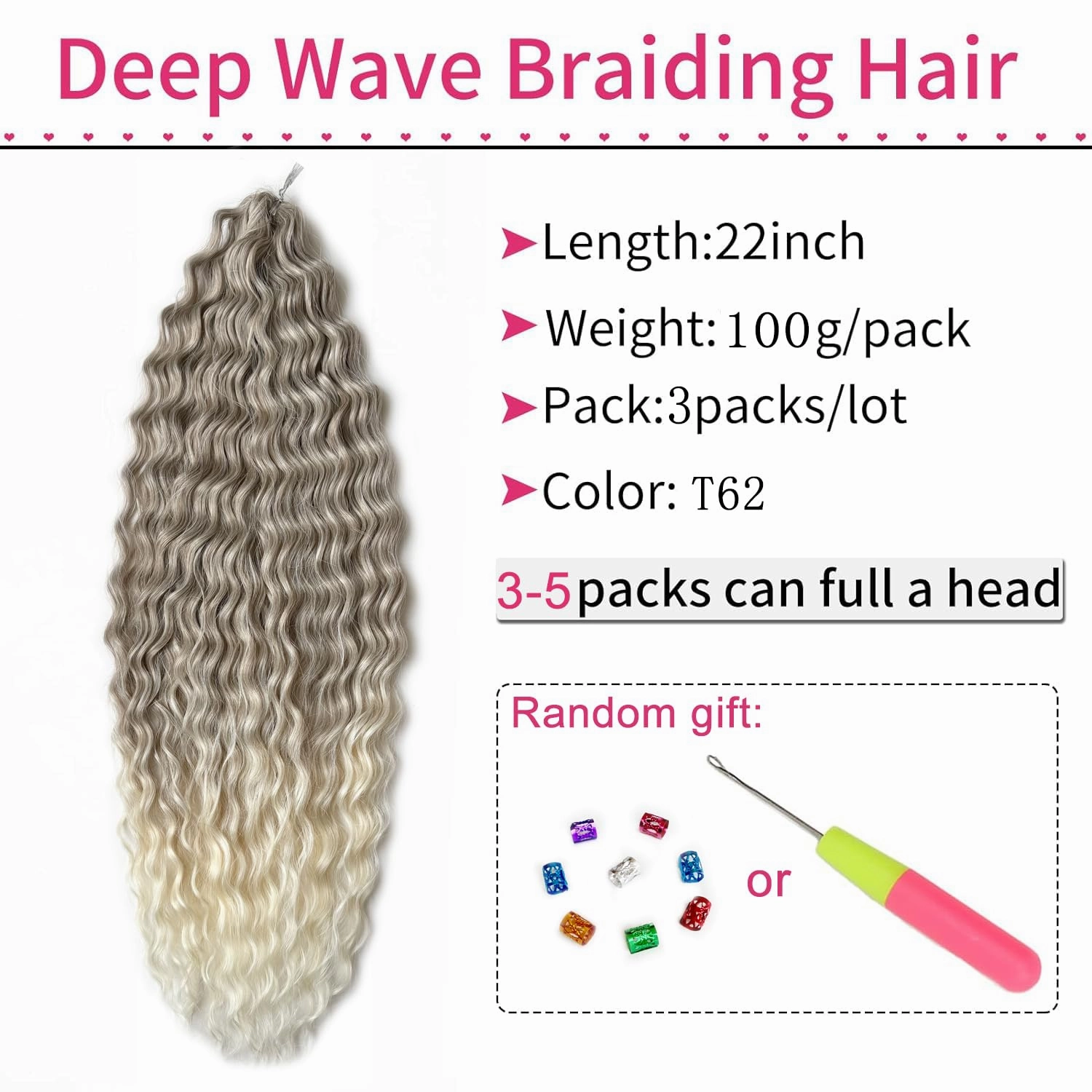 Ocean Wave Water Wave Crochet Hair 22Inch Loose Wave Braiding Hair 3Packs Deep Wave Braiding Hair Deep Curly Twist Crochet Hair For Women Synthetic Wavy Braiding Hair Extensions (T62)
