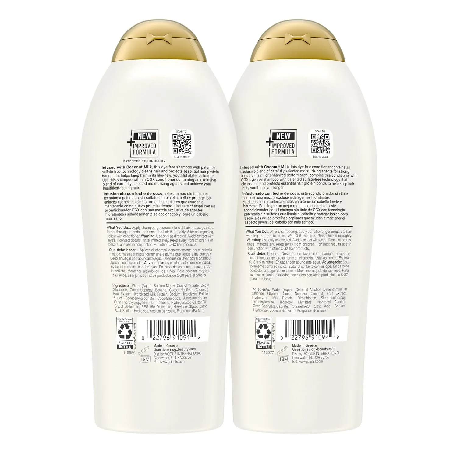 OGX Shampoo and Conditioner Set, Nourishing   Coconut Milk, Sulfate Free Shampoo and Conditioner for Moisturizing & Strengthening Hair Care, 25.4 FL OZ, 2 Pack
