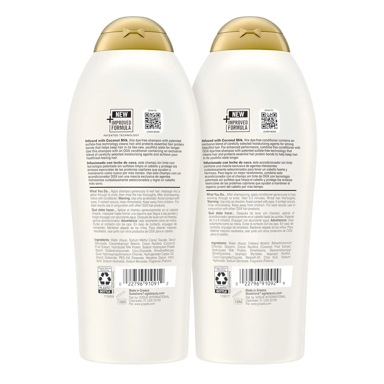OGX Shampoo and Conditioner Set, Nourishing   Coconut Milk, Sulfate Free Shampoo and Conditioner for Moisturizing & Strengthening Hair Care, 25.4 FL OZ, 2 Pack
