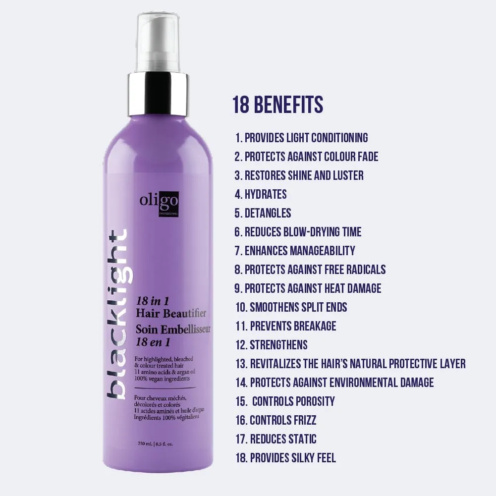 Oligo Professionnel - Blacklight 18-In-1 - Hair Beautifier - Anti Frizz - Leave-in Conditioner - Optimal Hydratation - Argan Oil - Vegan Ingredients - 11 Amino Acids & Moisturizing Formula - 8.5oz