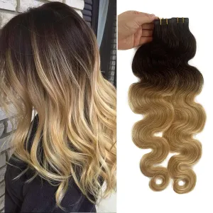 Ombre Blonde Body Wavy Tape in Hair Extensions for Women 16inch Dark Brown Fading to 613 Blonde Tape ins Remy Human Hair Extensions Skin Weft Invisible 20 Pieces 30G