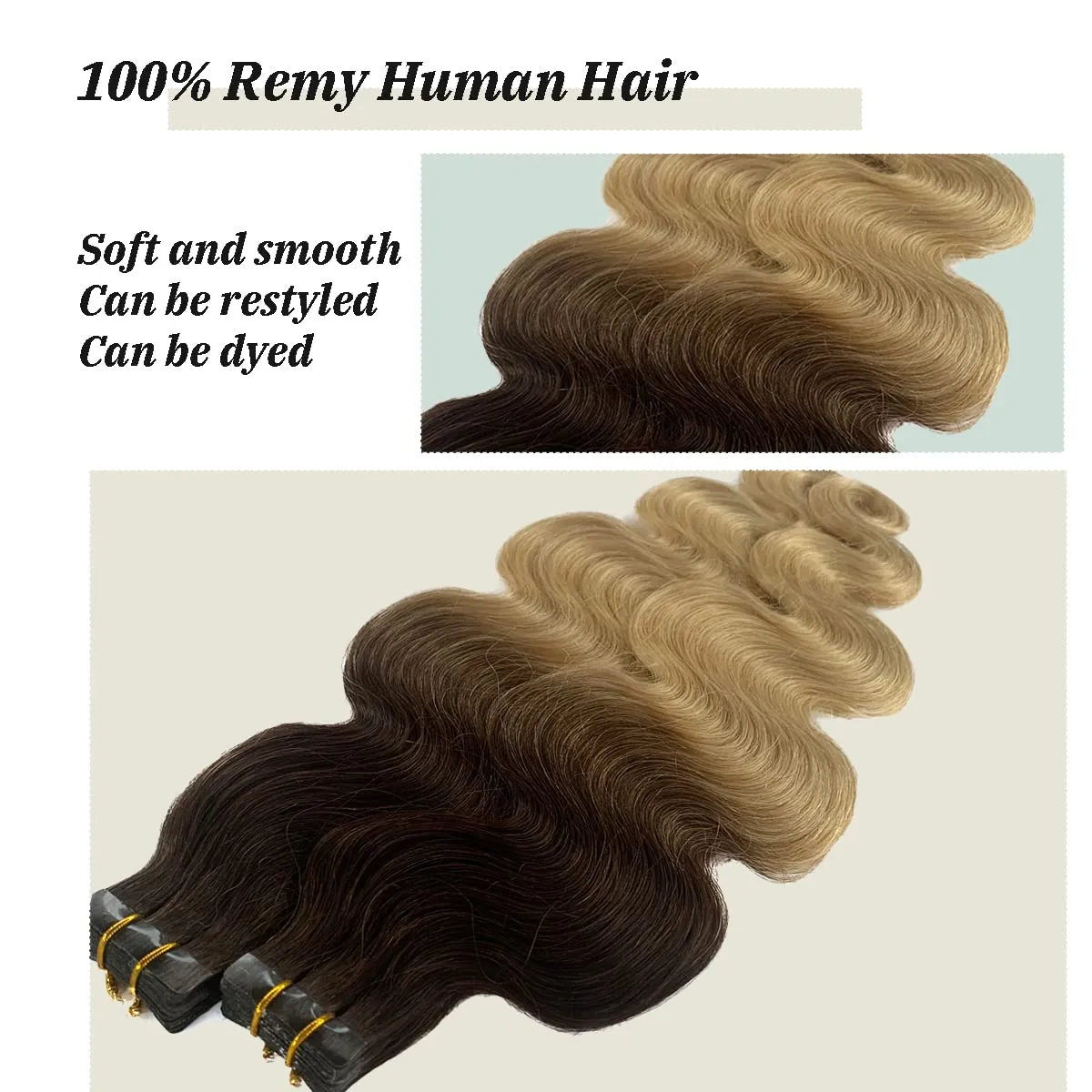 Ombre Blonde Body Wavy Tape in Hair Extensions for Women 16inch Dark Brown Fading to 613 Blonde Tape ins Remy Human Hair Extensions Skin Weft Invisible 20 Pieces 30G