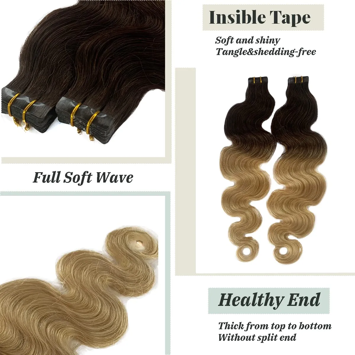 Ombre Blonde Body Wavy Tape in Hair Extensions for Women 16inch Dark Brown Fading to 613 Blonde Tape ins Remy Human Hair Extensions Skin Weft Invisible 20 Pieces 30G