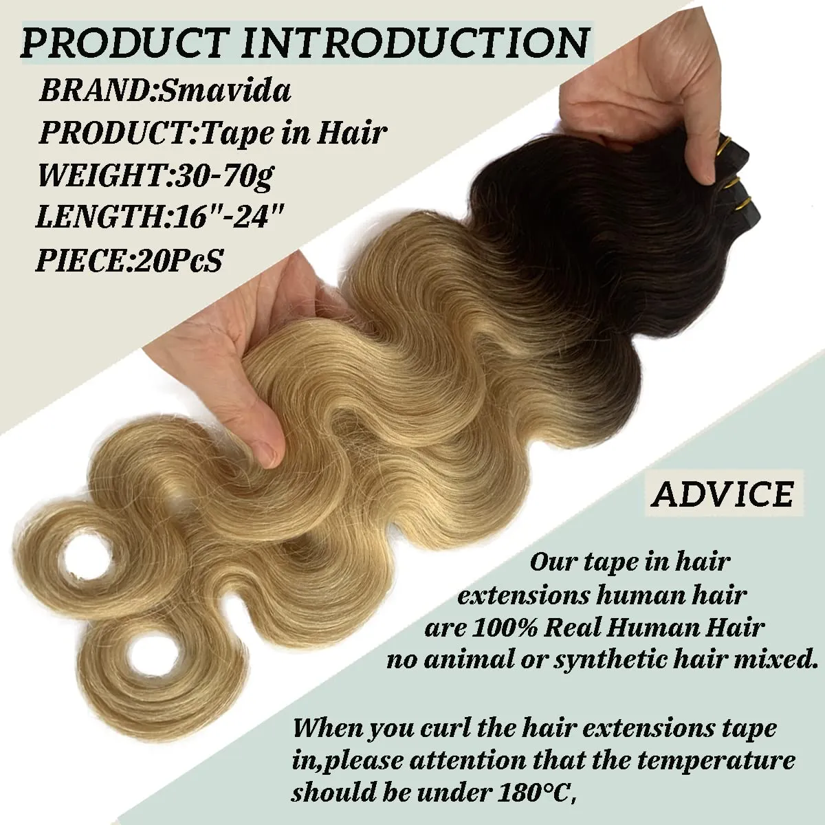 Ombre Blonde Body Wavy Tape in Hair Extensions for Women 16inch Dark Brown Fading to 613 Blonde Tape ins Remy Human Hair Extensions Skin Weft Invisible 20 Pieces 30G