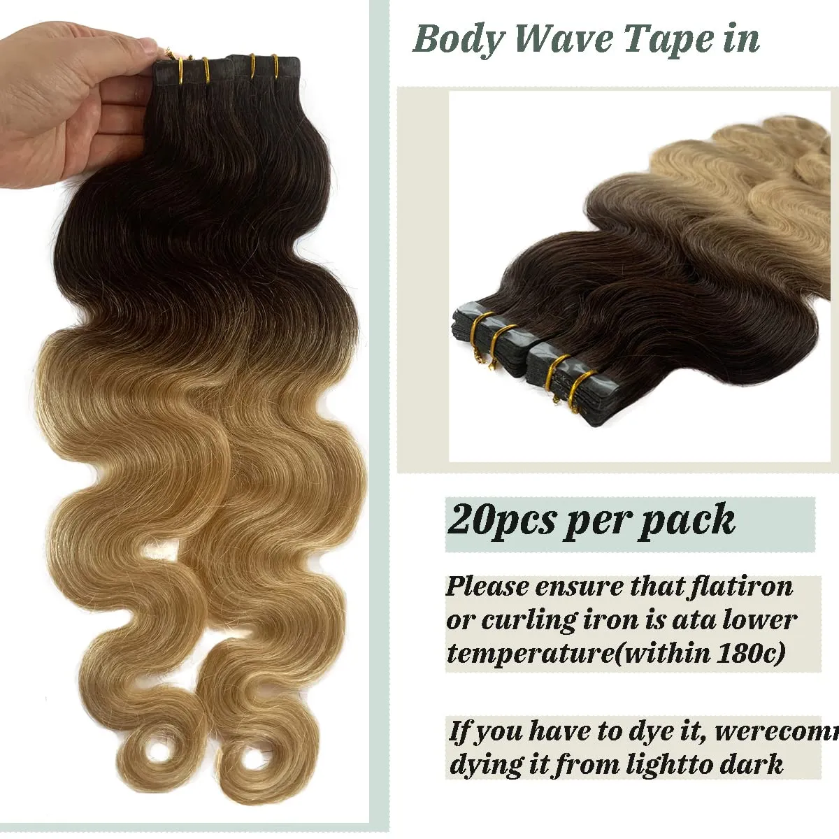 Ombre Blonde Body Wavy Tape in Hair Extensions for Women 16inch Dark Brown Fading to 613 Blonde Tape ins Remy Human Hair Extensions Skin Weft Invisible 20 Pieces 30G
