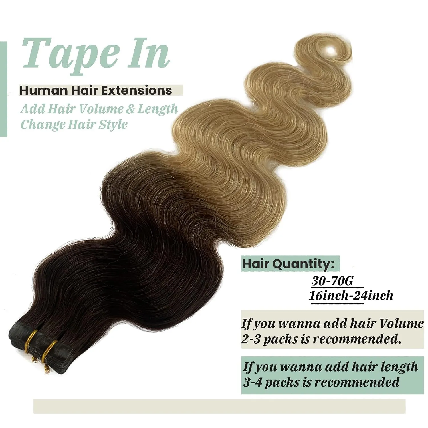 Ombre Blonde Body Wavy Tape in Hair Extensions for Women 16inch Dark Brown Fading to 613 Blonde Tape ins Remy Human Hair Extensions Skin Weft Invisible 20 Pieces 30G